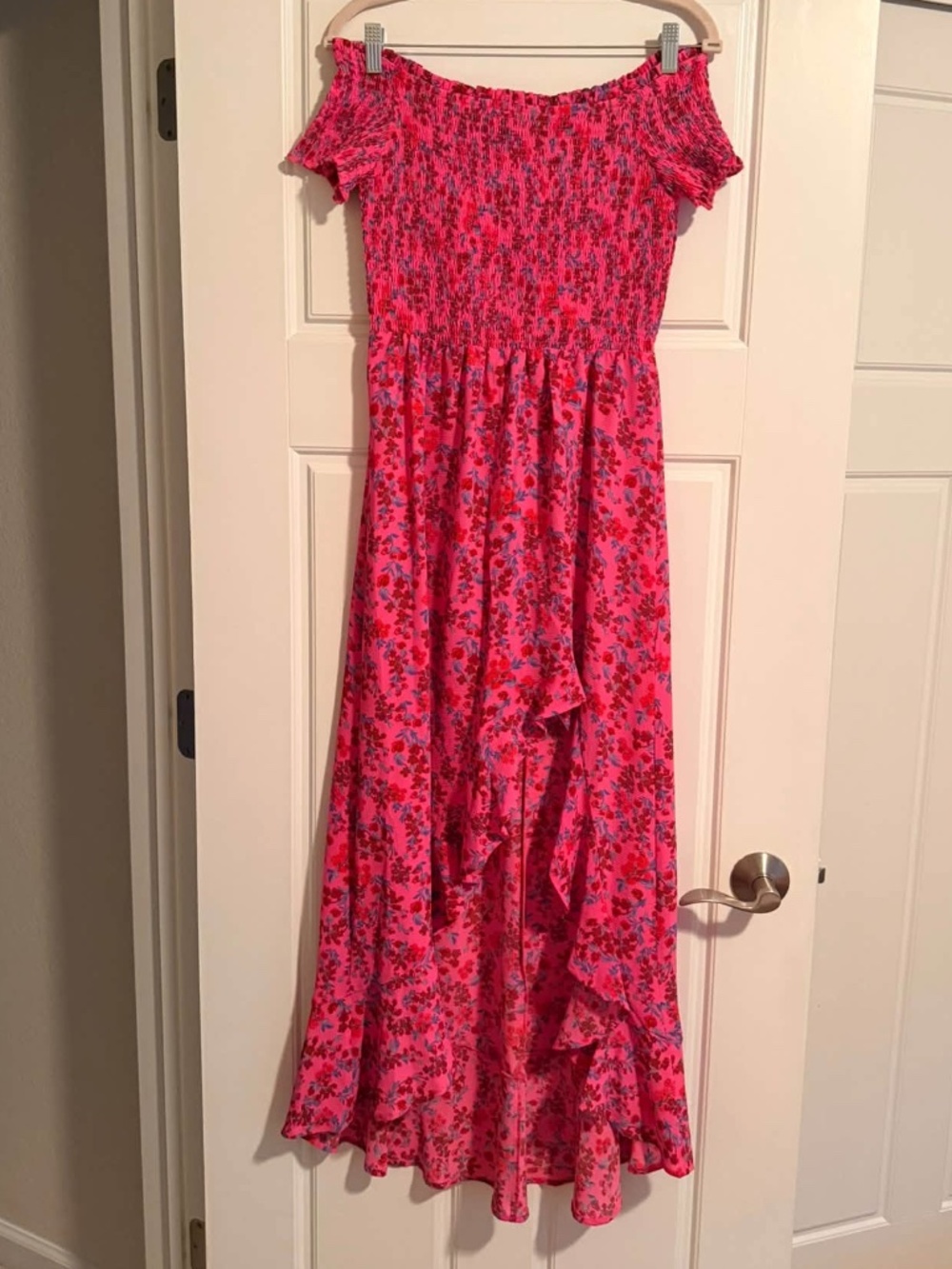 Crystal Doll Hot Pink Floral Off Shoulder Smocked Maxi Dress Ruffle